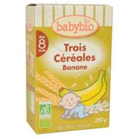 BABYBIO TROIS CÉRÉALES BANANE, Céréale infantile instantanée banane, pour nourrisson 2ème âge. - bt 250 g