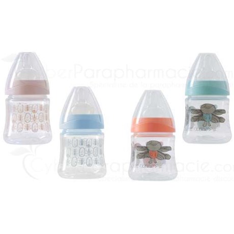 BÉBISOL ANTIFUITE BIBERON, Biberon à vis complet, col large, décoré, tétine silicone, 150 ml - unité