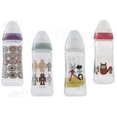 BÉBISOL ANTIFUITE BIBERON, Biberon à vis complet, col large, décoré, tétine silicone, 360 ml - unité