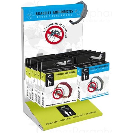 PHARMAVOYAGE BRACELET ANTIINSECTE, Bracelet répulsif antiinsecte 100 % naturel, présentoir. - 6 bleu / gris + 6 prune / vert anis