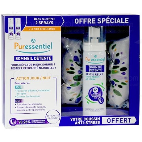 PURESSENTIEL SOMMEIL ET DETENTE Spray Aérien aux 12 Huiles Essentielles Lot 2 x 75ml + Mini Oreiller Offert