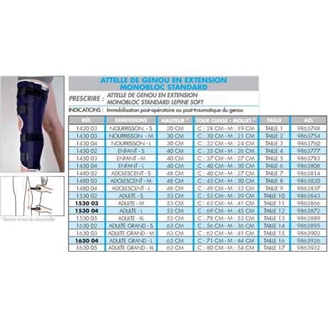 ATTELLE DE GENOU EN EXTENSION MONOBLOC STANDARD