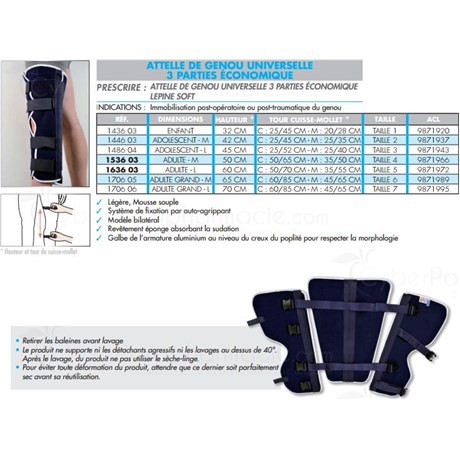 ATTELLE DE GENOU UNIVERSELLE 3 PARTIES éCONOMIQUE